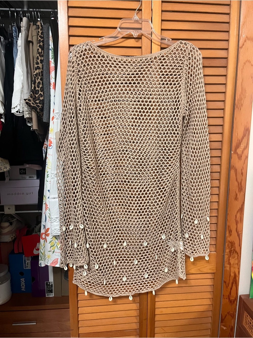 Beige Crochet Swim Cover-Up with Shell Trim